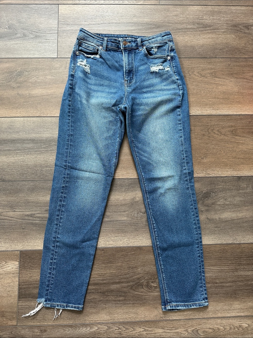 American Eagle Outfitters Medium Blue Straight Leg Mom Jeans with Distress